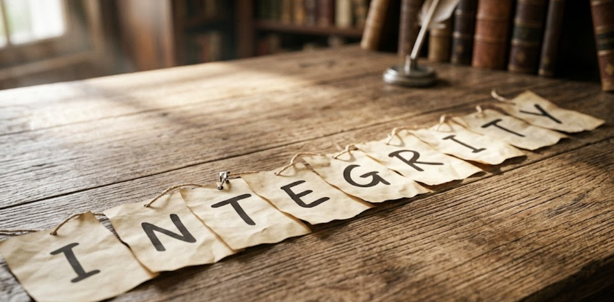 Integrity A trail of vintage paper slips on a wooden desk, with each slip featuring a single letter to spell 'INTEGRITY' as a visual metaphor for hotline compliance documentation.