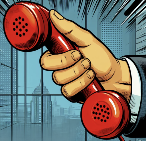 A hand holding a red phone, signifying hotline utilization. 