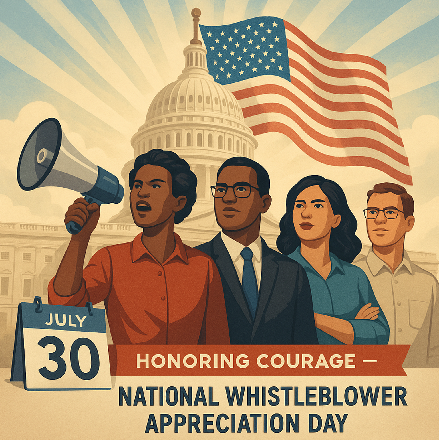 An image of brave people in front of the US flag. They are participating in National Whistleblower Day.