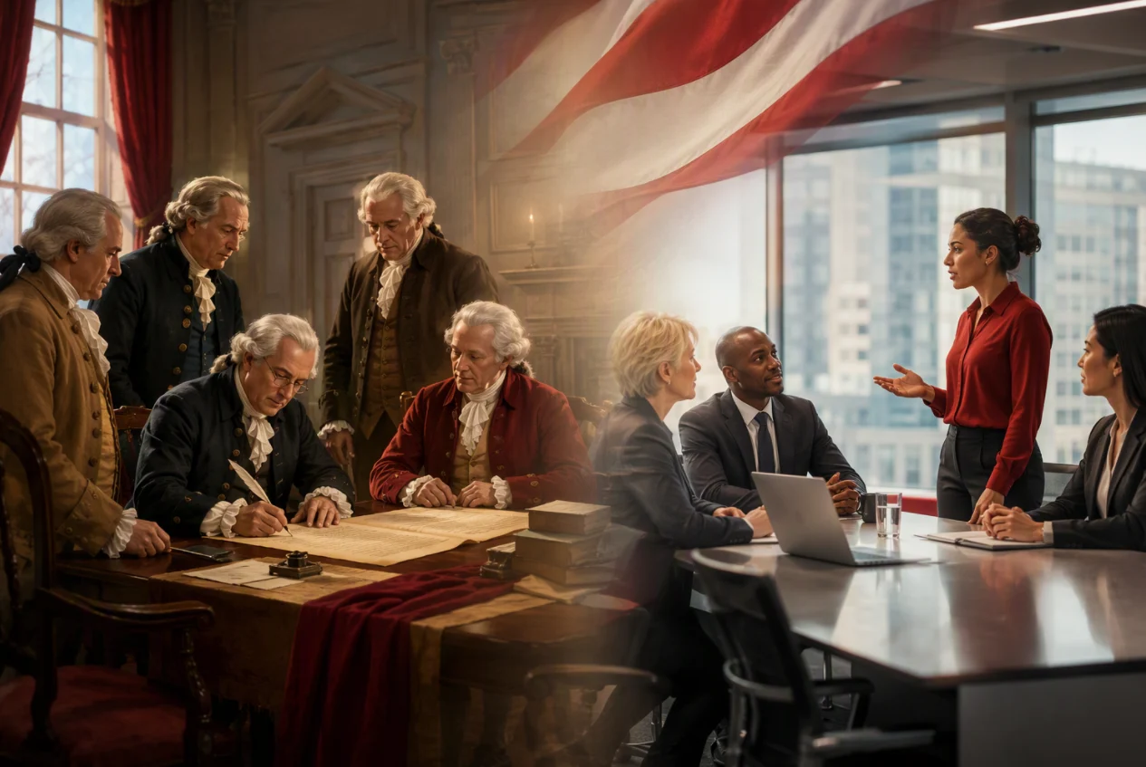 An image of founding fathers signing a document next to an image of a modern workplace showing a person speaking up, all reflecting National Whistleblower Appreciation Day.