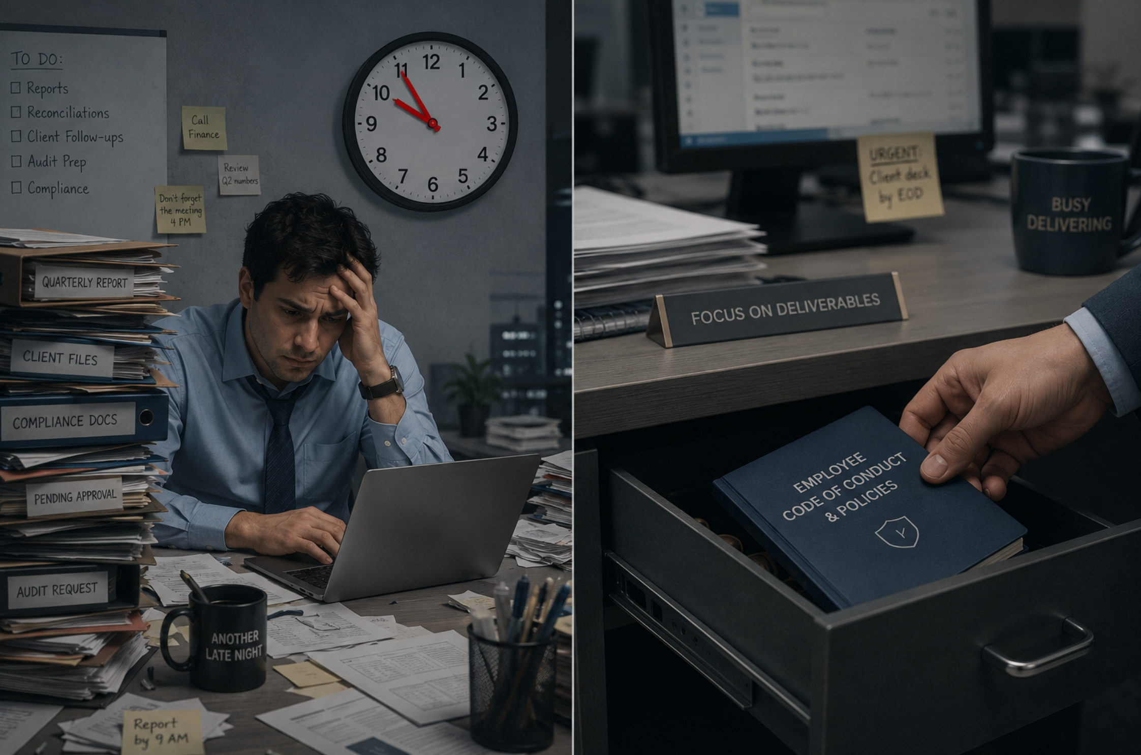 A stressed office employee works under deadline pressure while a policy manual is pushed aside, illustrating how performance pressure and ethics can conflict in the workplace.