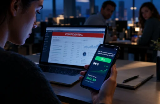 Employee holding a smartphone showing a prediction market bet in front of a laptop displaying confidential company data, illustrating prediction market insider trading risk in the workplace.