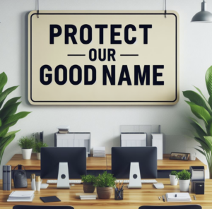 A sign hanging in an office that says Protect Our Good Name. It is to encourage employees to report unethical behavior.