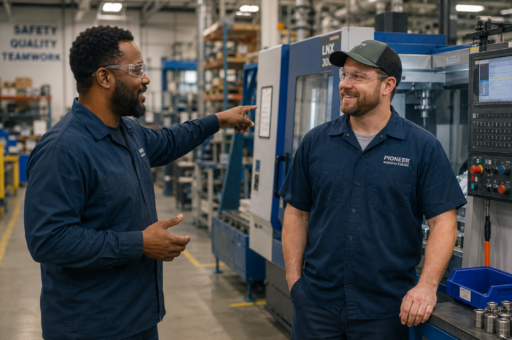 Two workplace colleagues having an open safety conversation in a manufacturing environment, illustrating psychological safety and physical safety at work.