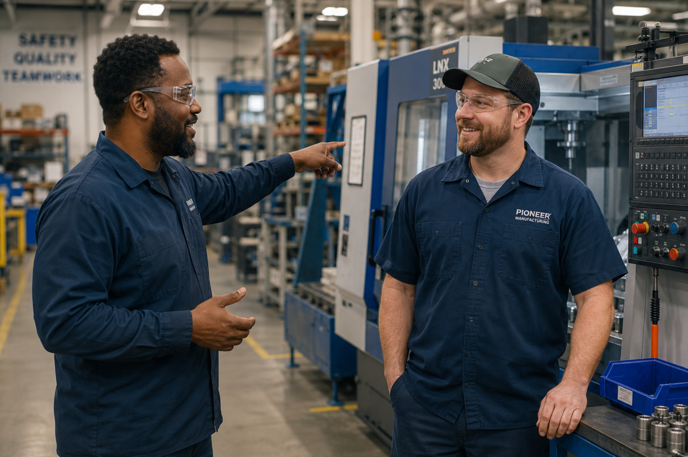Two workplace colleagues having an open safety conversation in a manufacturing environment, illustrating psychological safety and physical safety at work.