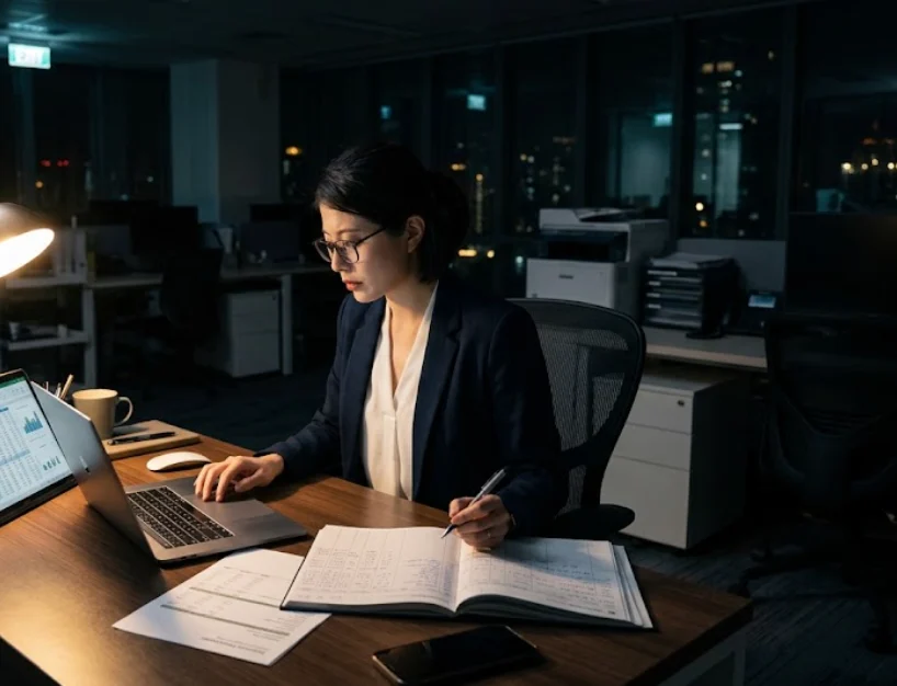 Employee reviewing financial records alone in a dim office at night, illustrating the psychology of embezzlement