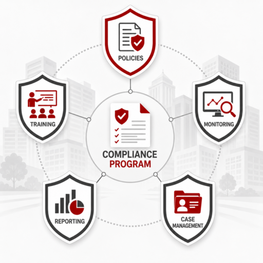 Diagram illustrating the five core components of a regulatory compliance program — policies, training, monitoring, reporting channels, and case management — connected in a networked structure around a central compliance program icon.