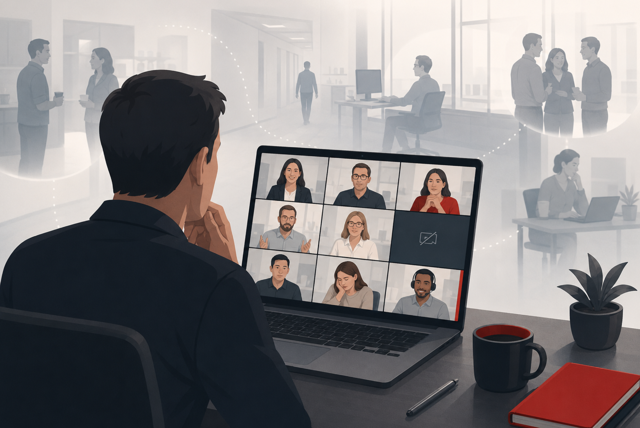 Remote manager leading a distributed team on a video call, illustrating how physical distance can create compliance blind spots and reduce visibility into workplace concerns. This reflects remote work compliance risks.