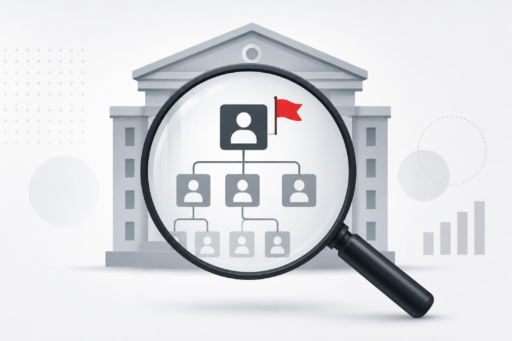 Illustration of a magnifying glass identifying an issue within an organization, representing early detection of reputational risk