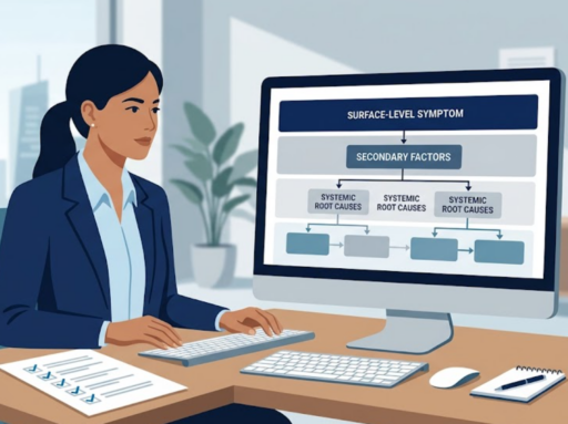 Compliance investigator reviewing a root cause analysis flowchart on a monitor, tracing a workplace incident from surface symptoms to underlying systemic drivers.