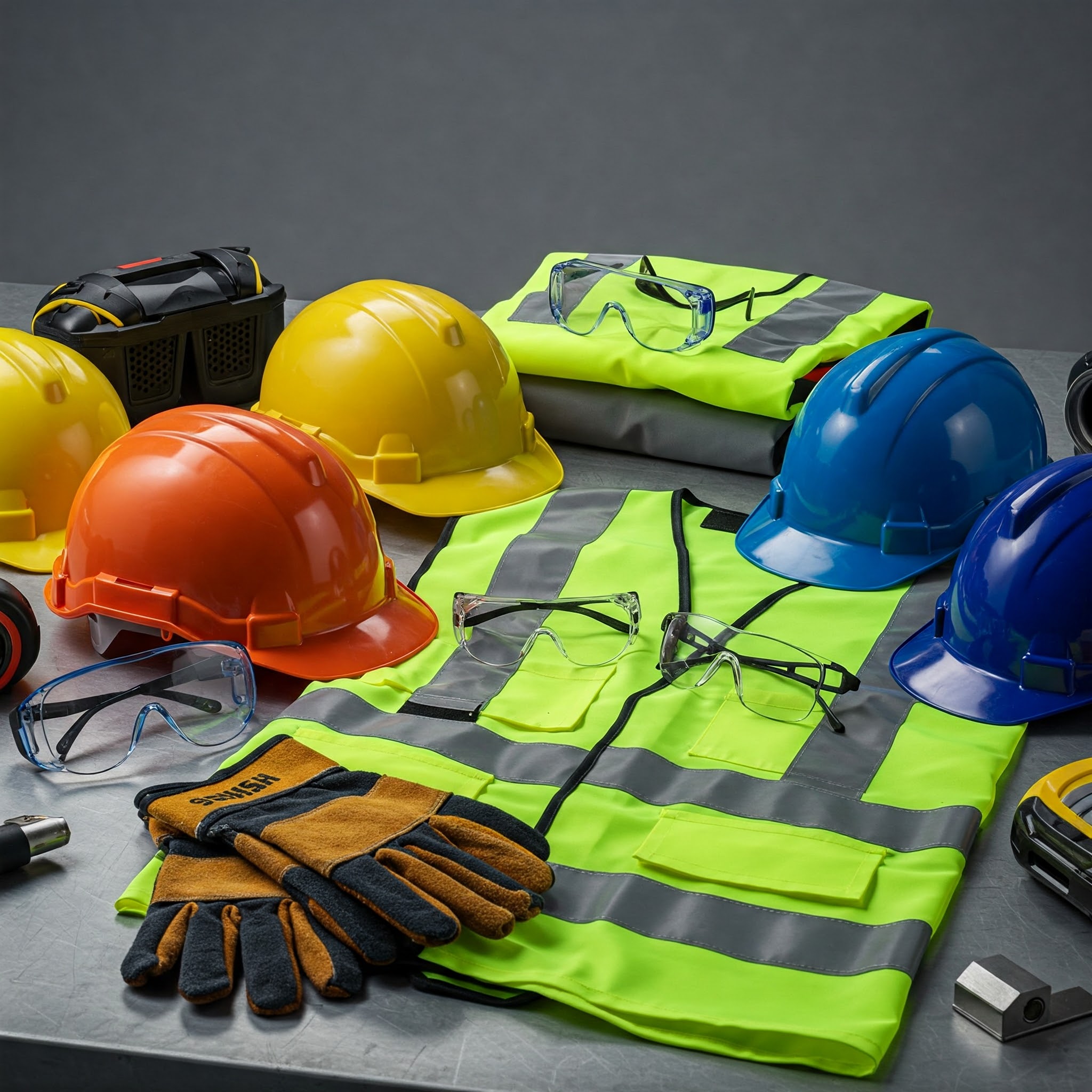 Equipment used in workplace safety such as hard hats, reflective vests, safety glasses, and gloves.