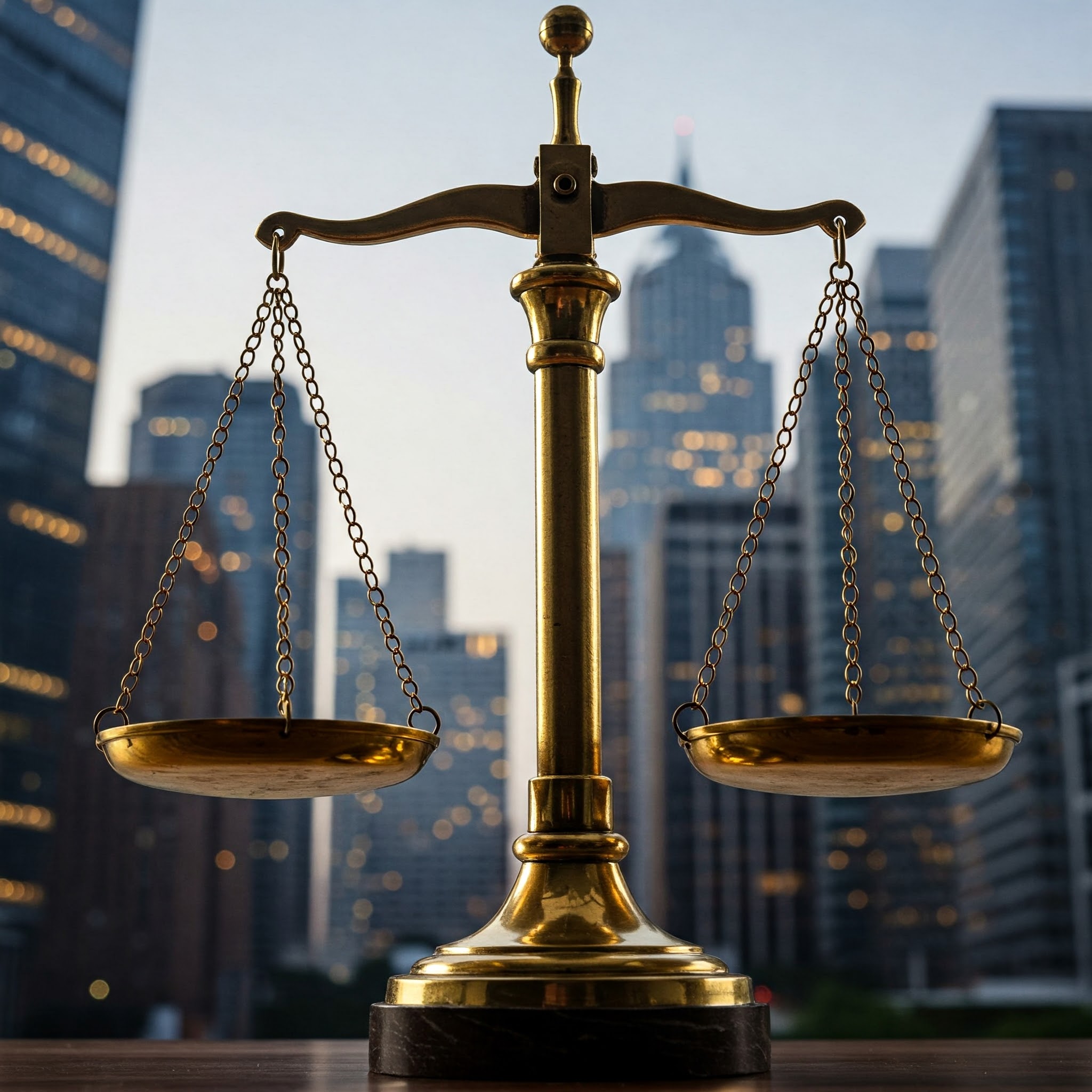 Image of scales of justice overtop high rise office buildings.