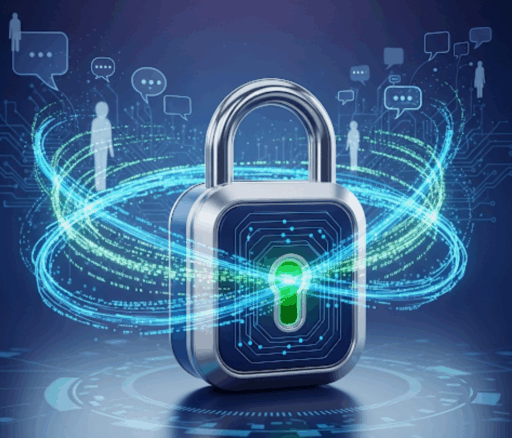 A lock surrounded by symbols of technology and people, implying a secure whistleblower hotline platform.