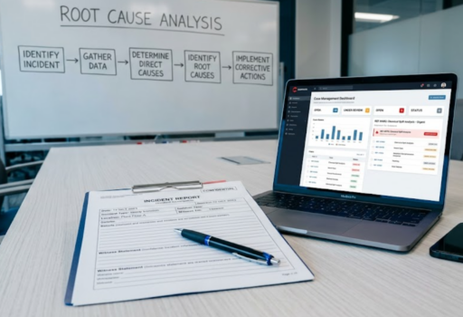 A workplace incident report form on a conference table next to a laptop showing a compliance case management dashboard, representing sentinel event reporting and investigation.