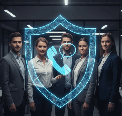 An image of a shield covering employees. in the center of the shield is an image of a phone. The image represents and a hotline service provider can protect employees from retaliation.