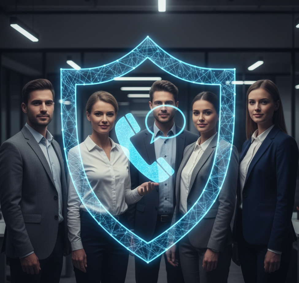 An image of a shield covering employees. in the center of the shield is an image of a phone. The image represents and a hotline service provider can protect employees from retaliation.