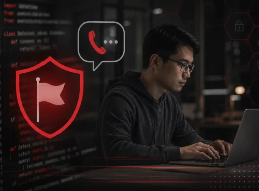 Software developer at a laptop next to a confidential reporting icon, representing a software industry ethics hotline for tech companies