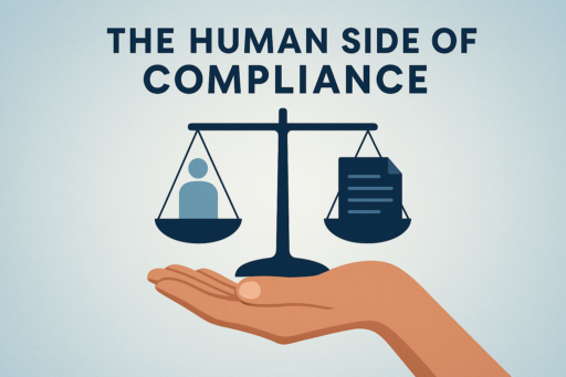 Illustration of a hand supporting a balanced scale with a person on one side and documents on the other, symbolizing the human side of compliance.