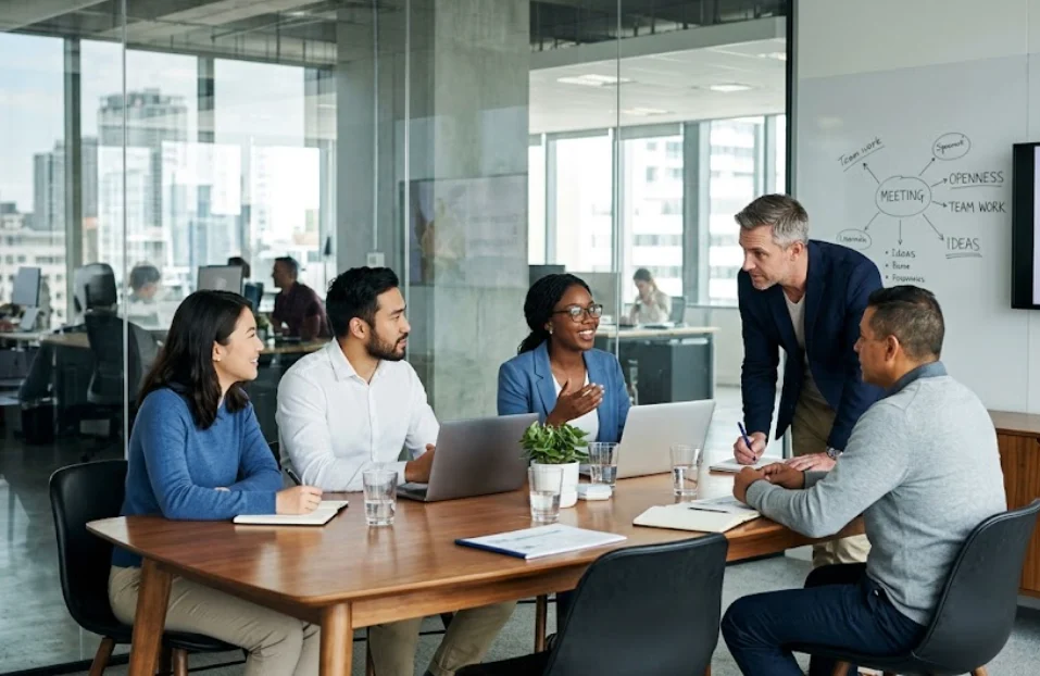 Manager listening to employees during an open discussion in a glass-walled conference room, illustrating transparency in the workplace