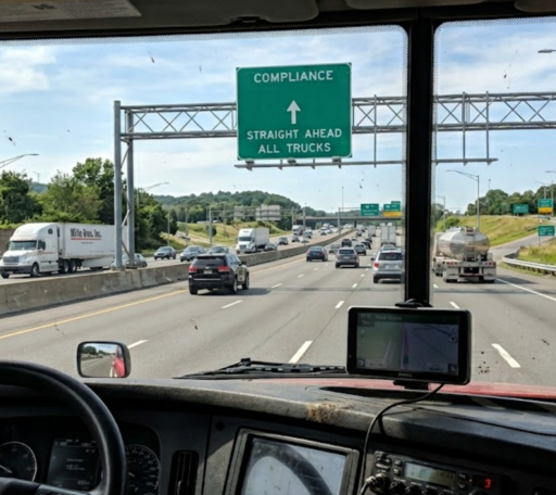 A semi-truck driver's perspective of a freeway, with a sign overhead instructing 'COMPLIANCE STRAIGHT AHEAD ALL TRUCKS,' and the transportation compliance hotline displayed on the GPS screen on the dashboard.