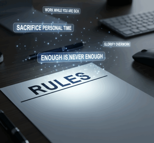 A close-up shot of a blank sheet of paper titled "RULES" on a desk, with glow-in-the-dark phrases like "Work while you are sick," "Sacrifice personal time," "Glorify overwork," and "Enough is never enough" floating above it, representing unwritten rules in the workplace.