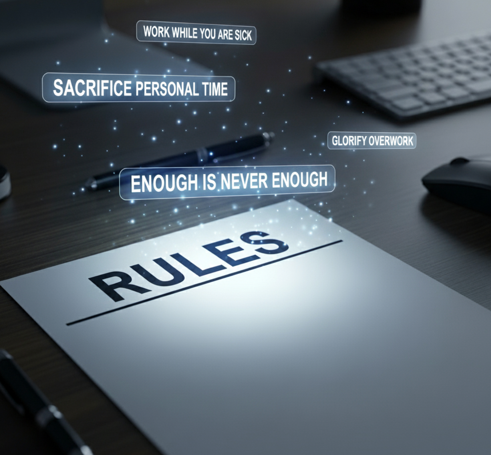 A close-up shot of a blank sheet of paper titled "RULES" on a desk, with glow-in-the-dark phrases like "Work while you are sick," "Sacrifice personal time," "Glorify overwork," and "Enough is never enough" floating above it, representing unwritten rules in the workplace.