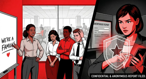 A manager promotes a ‘family culture’ while an employee privately uses an anonymous ethics hotline to report misconduct, illustrating how toxic workplace culture silences the truth.