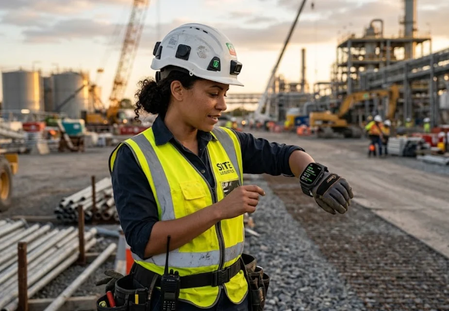 Worker wearing a smart hard hat and safety smartwatch, showing wearable technology for workplace safety