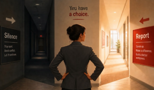 An employee choosing to walk toward a brightly lit path labeled Report, symbolizing the courage and support behind whistleblower reporting.