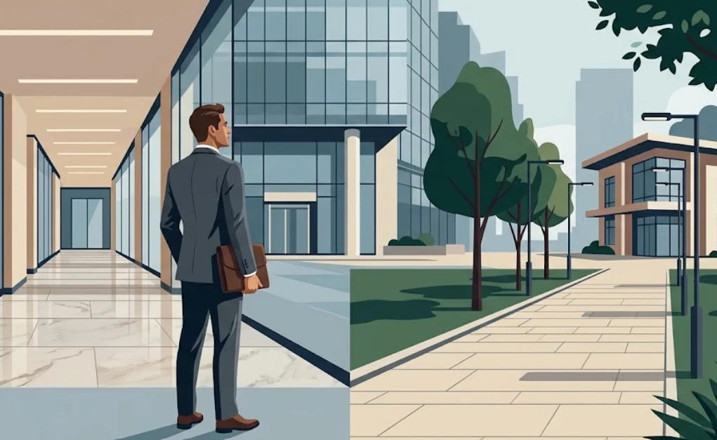 Whistleblower Platform Employee weighing two reporting pathways — one leading into their employer's office building, the other to an independent third-party whistleblower platform outside the organization.