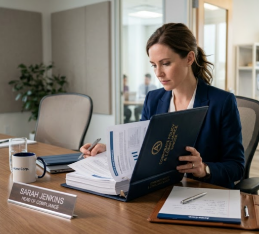 A compliance professional reviews a whistleblower protection policy document at a desk, representing organizational accountability and a speak-up culture.