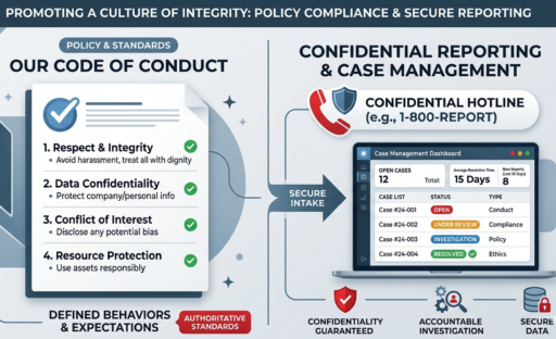 Illustration showing a zero tolerance policy document alongside a confidential ethics hotline and case management dashboard, representing the connection between policy and enforcement.