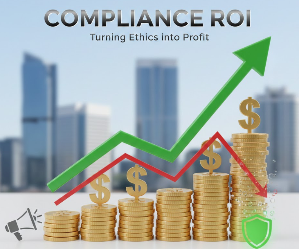 compliance roi Financial chart visualizing Compliance ROI, showing a green profit arrow rising sharply above a red loss line, demonstrating the value of early ethics reporting and loss avoidance.