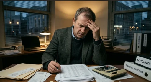 Business owner reviewing financial records at his desk after discovering employee embezzlement