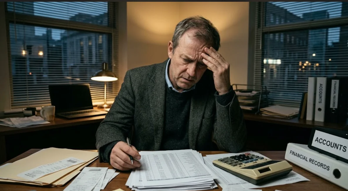 Business owner reviewing financial records at his desk after discovering employee embezzlement