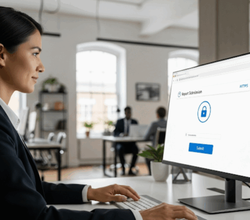 An image of a content employee using a computer in the context of employee hotlines.