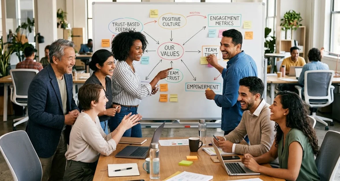 Smiling team of coworkers collaborating around a conference table, illustrating a positive culture that supports employee retention