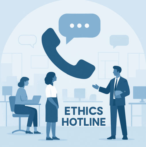 Illustration of an office scene promoting an ethics hotline, with a large phone icon and chat bubbles above employees discussing reporting options from a hotline service provider.