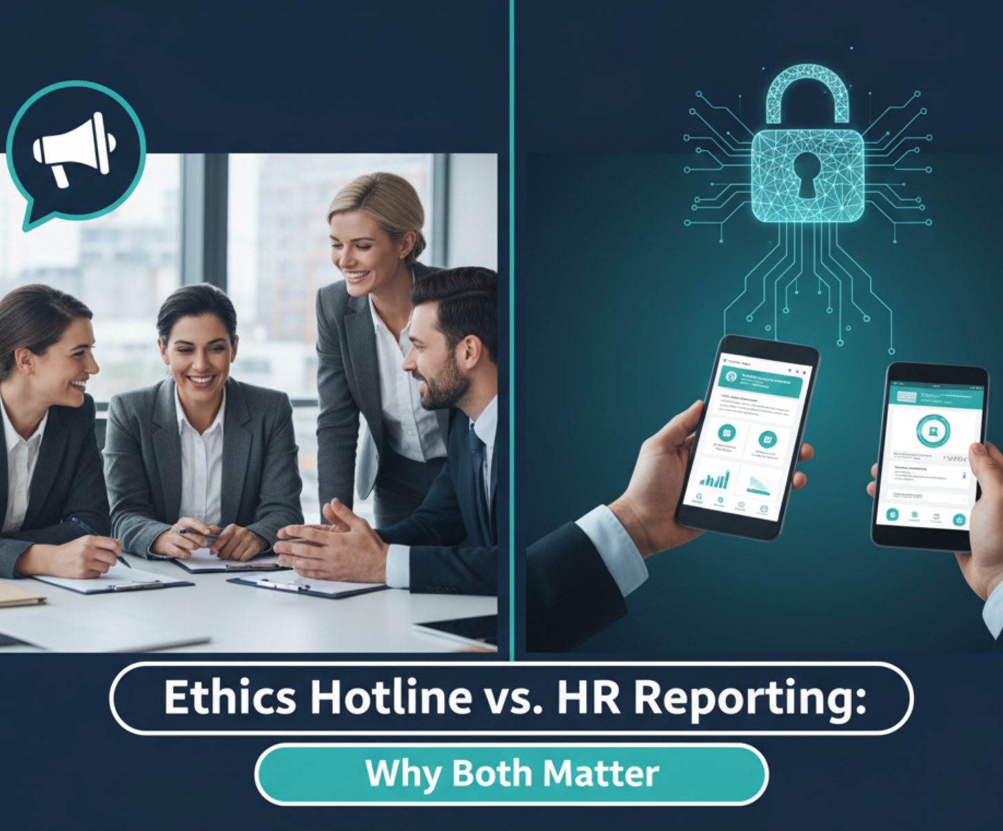 A split image with two sides. On the left, four diverse professionals in an office are talking, with a megaphone icon above them. The right side shows a person using a tablet and a phone to access a digital compliance reporting app, with a glowing padlock icon above. The center of the image features a shield icon with a checkmark. Text at the bottom reads, "Ethics Hotline vs. HR Reporting: Why Both Matter."