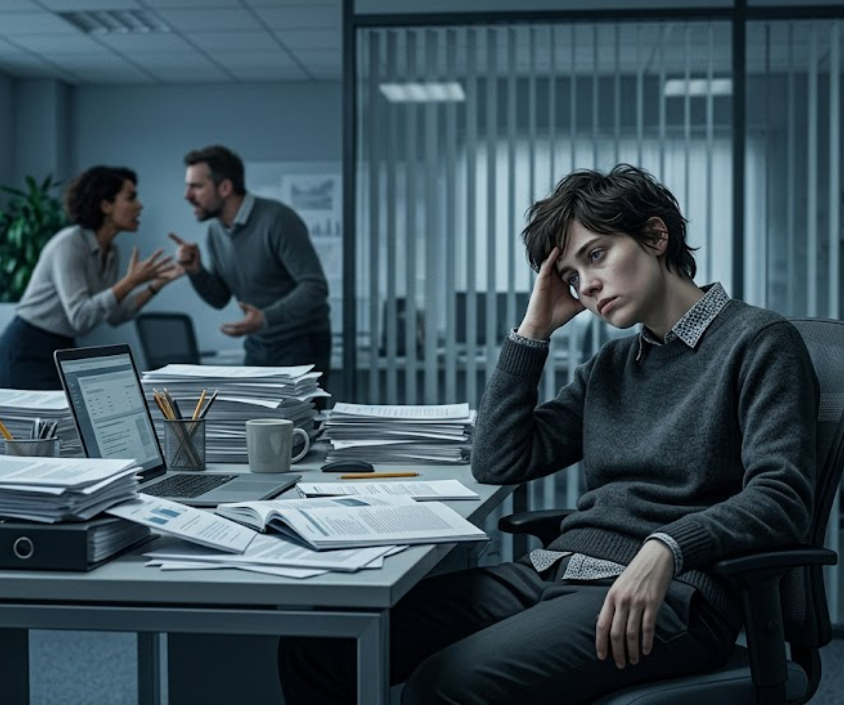 An exhausted employee sits at a desk staring blankly at paperwork, representing moral fatigue in the workplace and the struggle to report unethical behavior.