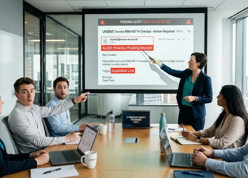 Employees taking part in an interactive fraud awareness training session reviewing a red flag scenario