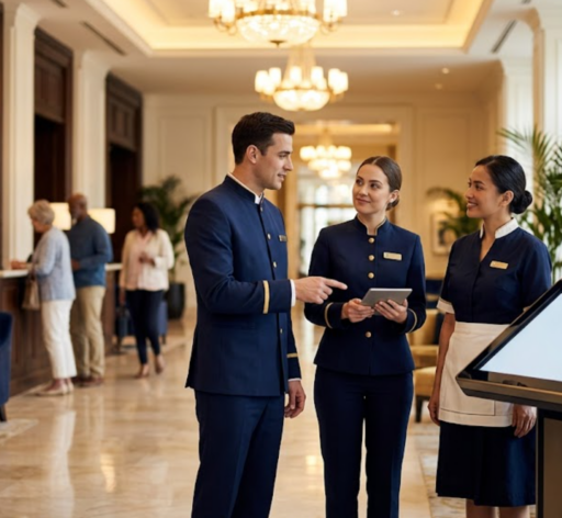 A group of three diverse hotel staff members in uniforms stand in a luxurious hotel lobby, consulting a tablet. This image represents the importance of a hospitality industry compliance hotline for reporting ethical concerns and ensuring workplace safety within the hotel business.
