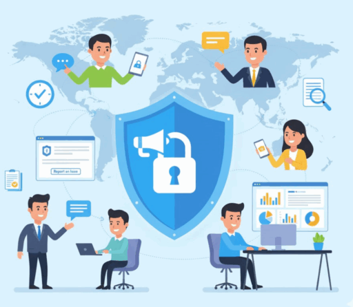 An illustration depicting various aspects of a robust hotline case management platform, with diverse employees around a central shield icon representing security and integrity. Elements include global accessibility, secure reporting forms, data analytics, mobile reporting, and investigative collaboration.