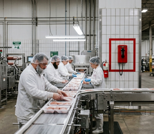 An industrial, photo-realistic image of a meat processing plant. In the foreground, clean-shaven workers in white coats and hairnets stand along a conveyor belt, meticulously packaging poultry into trays. The facility is brightly lit with stainless steel machinery and white tiled walls. In the background, a prominent red telephone hangs on a tiled pillar inside a red square border. Representative of a Hotline for Food & Beverage Processors.