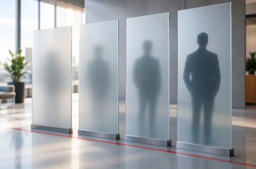 Four frosted glass panels of decreasing opacity with a figure behind them, illustrating the layers of protection buyers should evaluate in anonymous     incident reporting software.