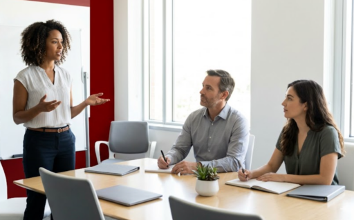 A diverse team of workplace professionals in a conference room having an open conversation, representing a healthy speak-up culture free from retaliation.