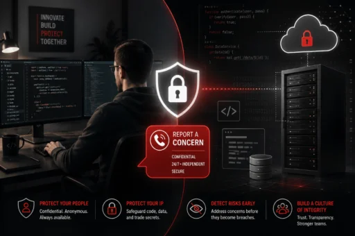 Illustration of a software developer at a workstation connected to a shield and reporting icon, representing a technology industry ethics hotline protecting tech company data and culture.