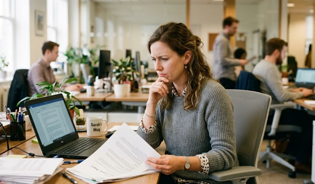 Conflicted employee at her desk weighing whether to speak up about unreported misconduct at work