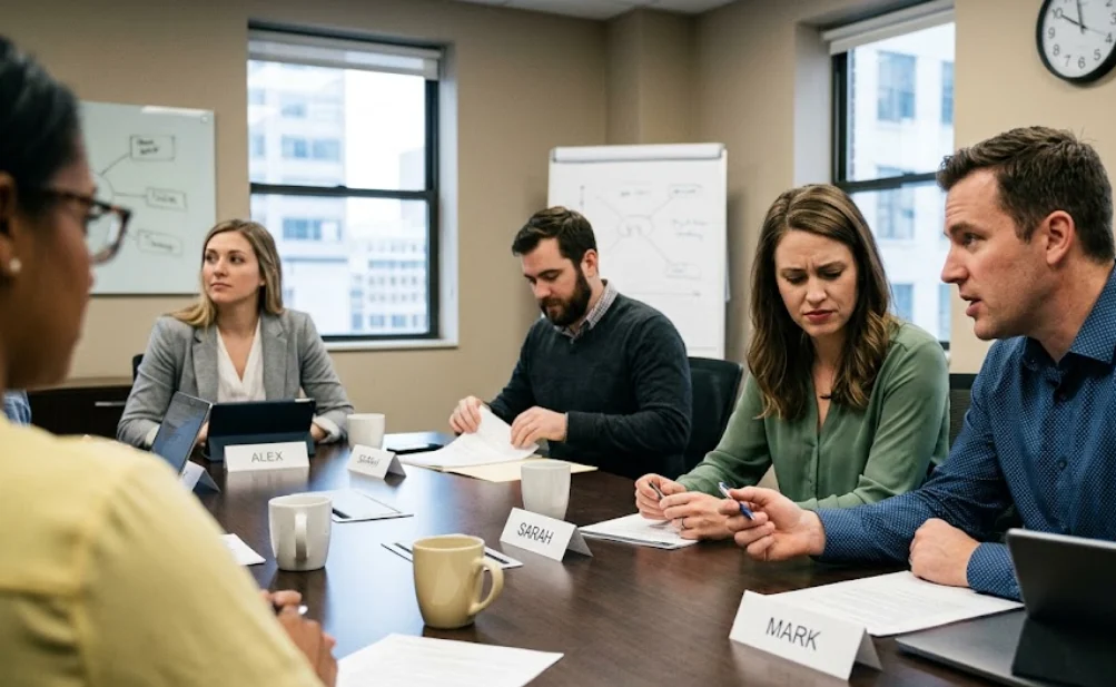 Manager talking over an uncomfortable employee during a team meeting, illustrating workplace mistreatment